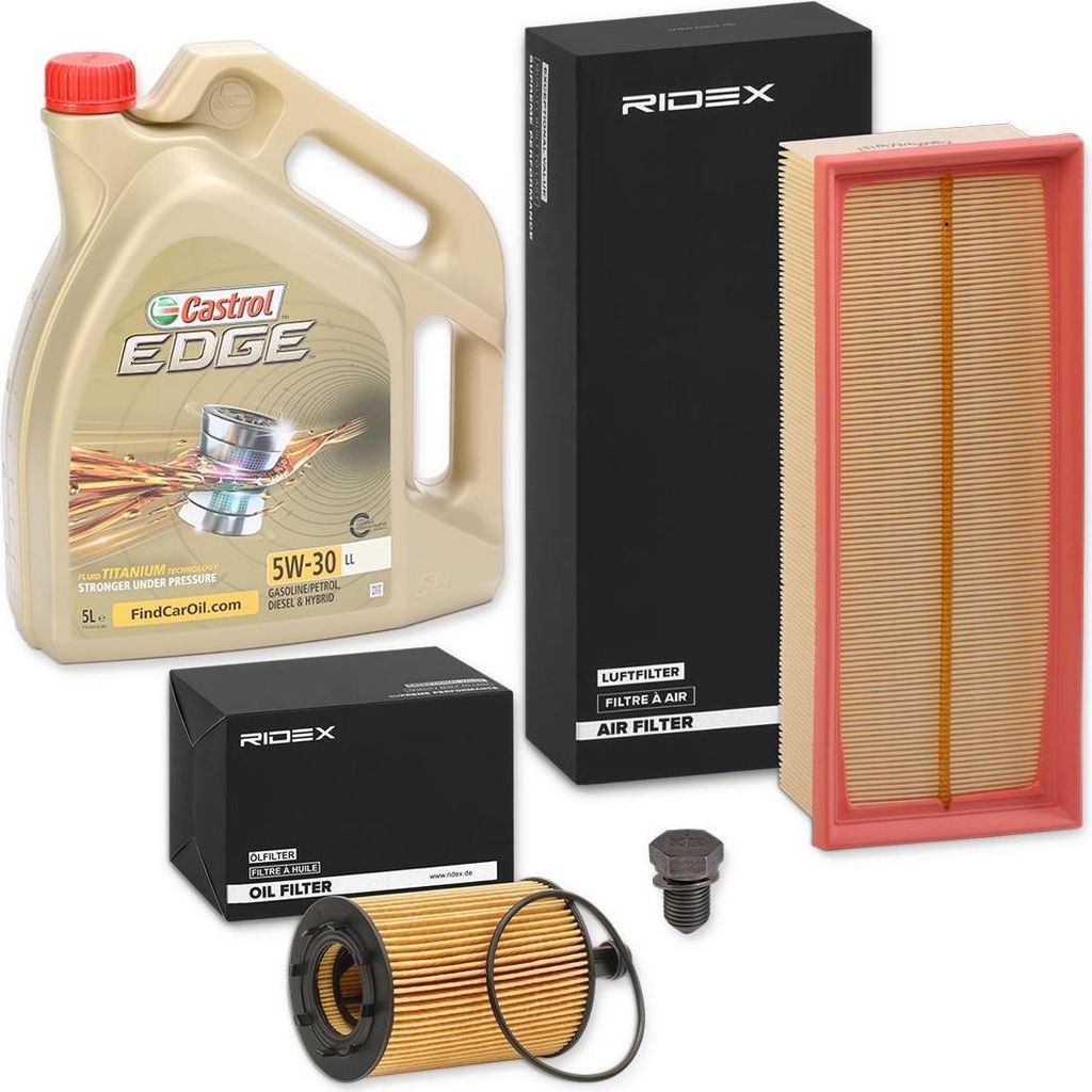 RIDEX Inspektionspaket Filter Set mit Öl 5W-30 5L für VW Golf V Schrägheck (1K1) GOLF VI (5K1) TOURAN (1T1, 1T2) Passat Variant (3C5) TIGUAN (5N)