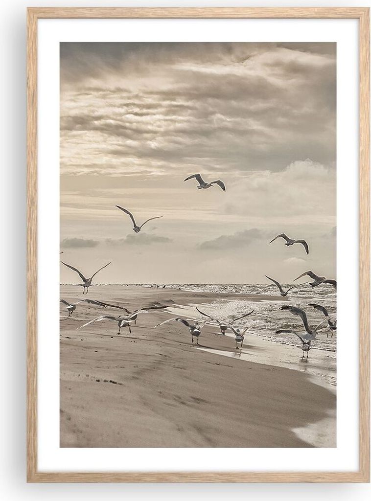 Gerahmtes Poster - Rahmen in heller Eiche - Möwen Küste Boho - 50x70 cm - Wand Bild - Wanddeko - Wandbilder - Kunstposter - Wandposter - Bilderra...