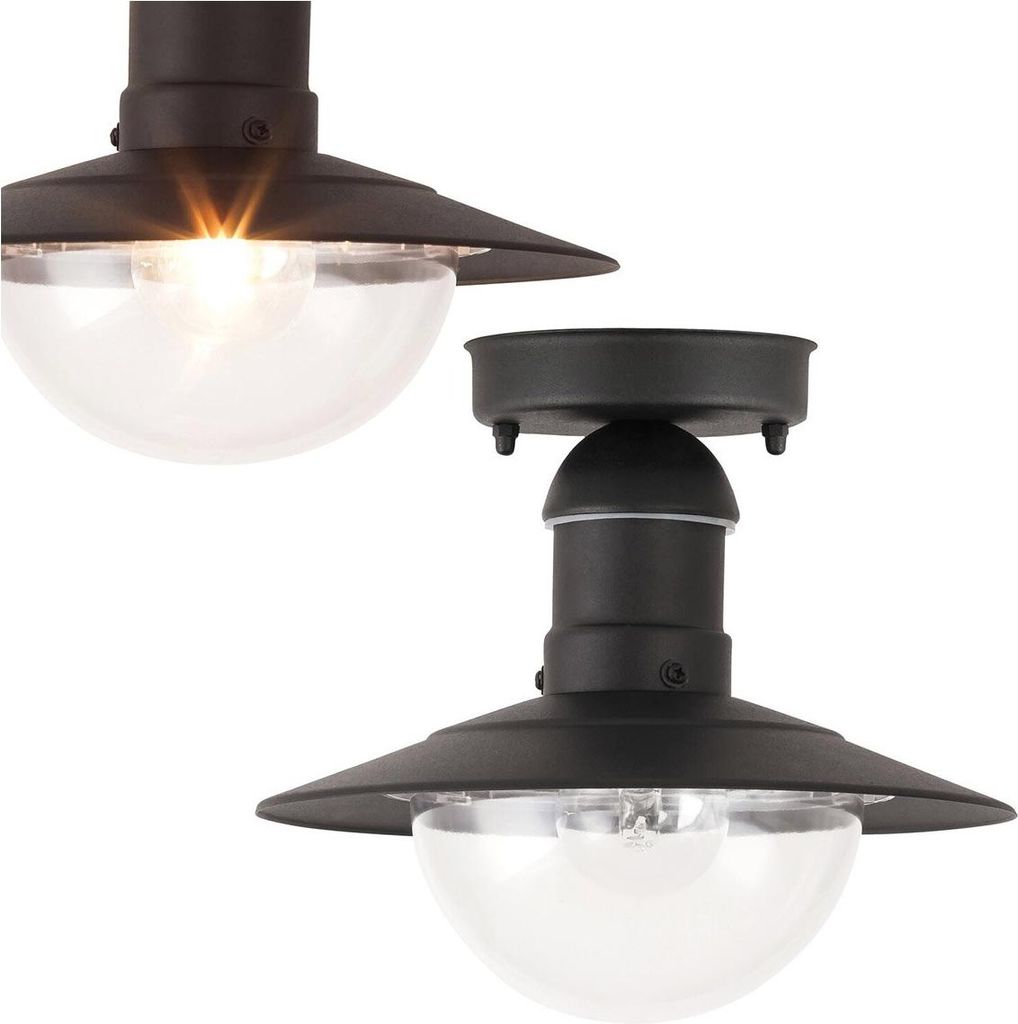 Two black outdoor ceiling lights with clear glass domes are shown against a white background.
