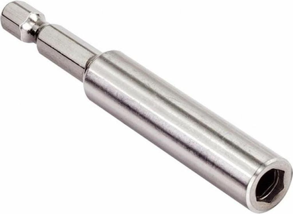 A silver magnetic bit holder with a hex shank on one end and a socket on the other.