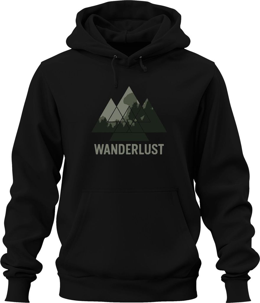 WANDERLUST Berge Wandern Outdoor Natur Wald Abenteuer Camping Uni Hoodie Kapuzenpullover, Schwarz, M