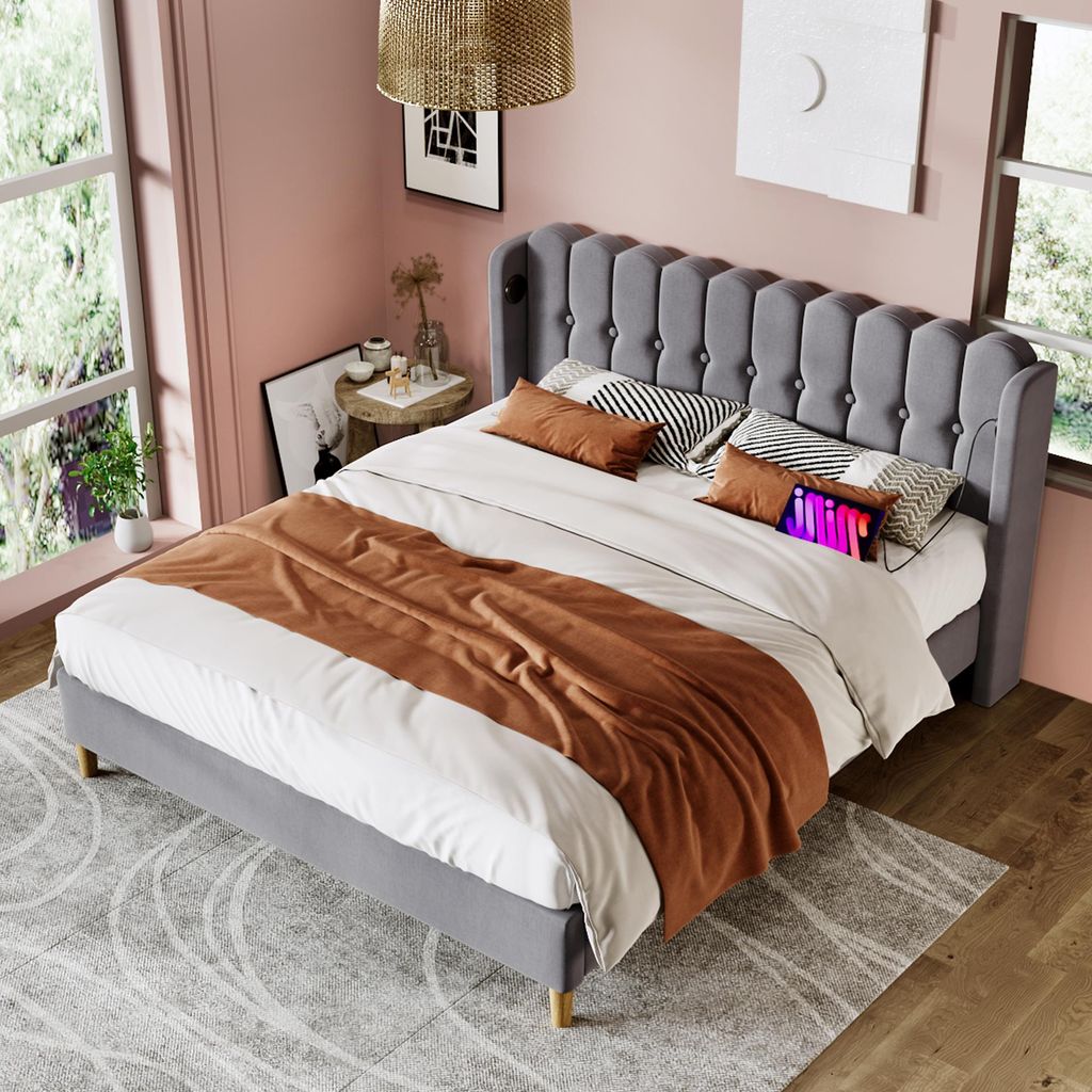 Polsterbett 180x200 cm mit Lattenrost & USB Typ C Ladefunktion, Bettgestell Grau Leinen, 226kg Belastbar, Bettrahmen Doppelbett für Schlafzimmer