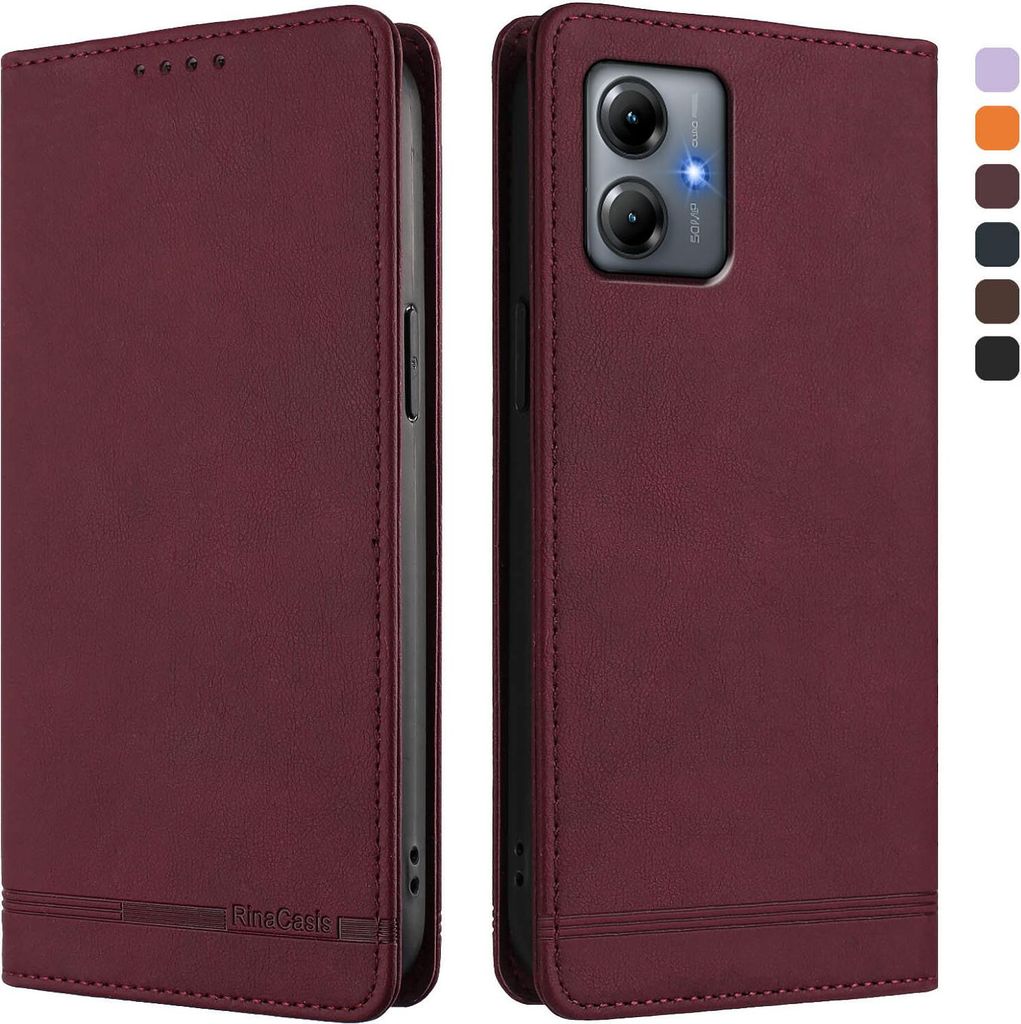 Hülle für Motorola Moto G14, Retro Kunstleder Ständer Klapphülle mit Kartenfächer und Magnetische Rot