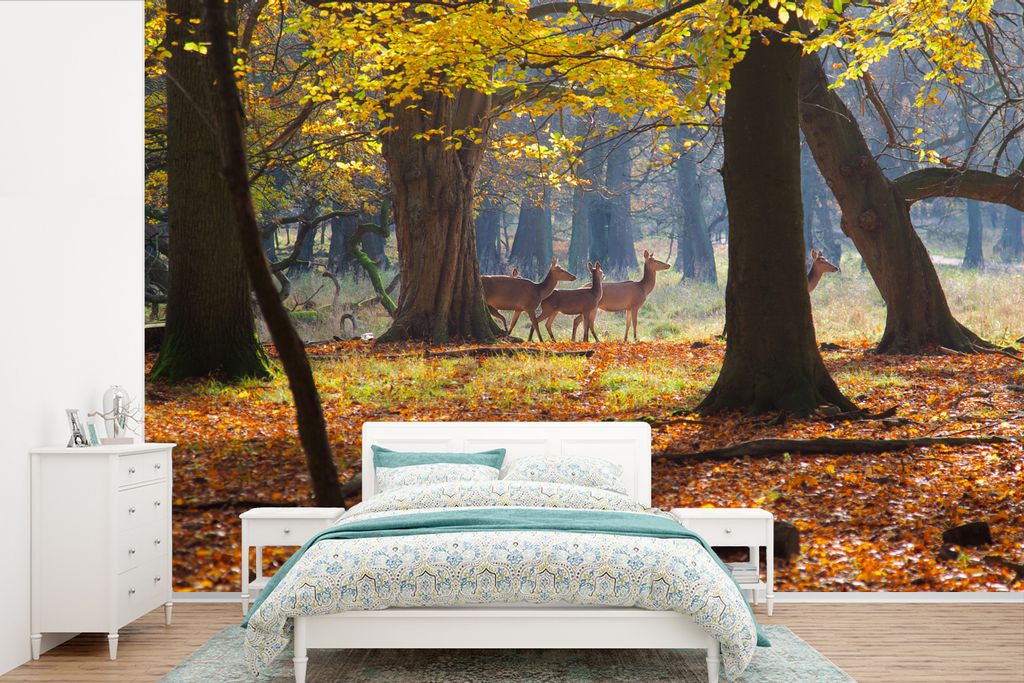 MuchoWow Fototapete für Wohnzimmer oder Schlafzimmer Wandtapete Vinyl Motivtapete Hirsche in einem Wald in Dänemark - 420x280 cm - Zimmer für ...