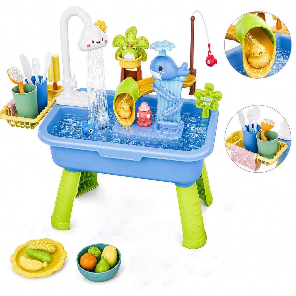 Outdoor-Wassertisch für Kinder mit Wasserpumpe und umfangreichem Zubehör, Dusch-Wasserspieltisch, aus ABS, ideal für den Sommer,54 × 29 × 34 cm