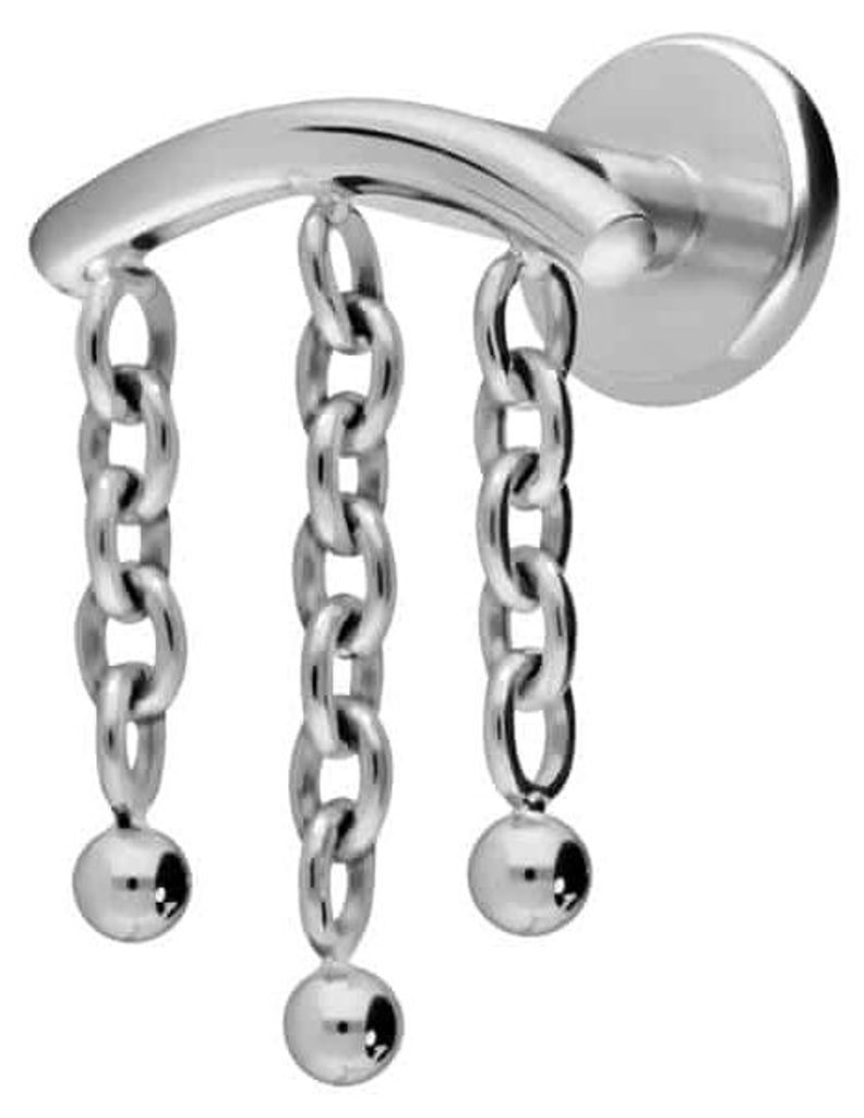 Ohrpiercing, Nasenpiercing Titan Labret mit Innengewinde BOGEN + 3 KETTEN Silber Stablänge: 7mm | Stabstärke: 1,2mm