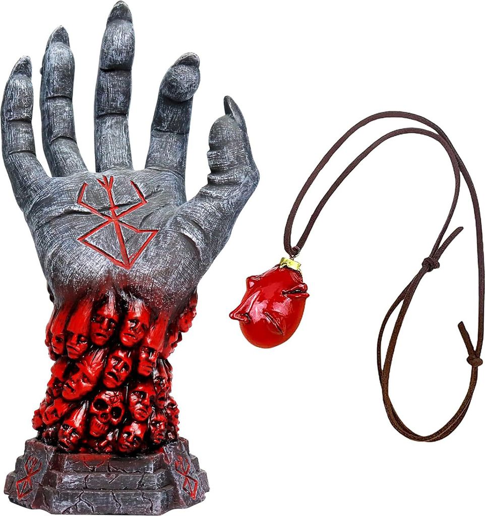 Berserker-Statue, Teufelshand-Skulptur aus Kunstharz, Herz-Halskette-Set, realistische Totenkopf-Runen-Tischfigur für Halloween-Partys und Heimdek...
