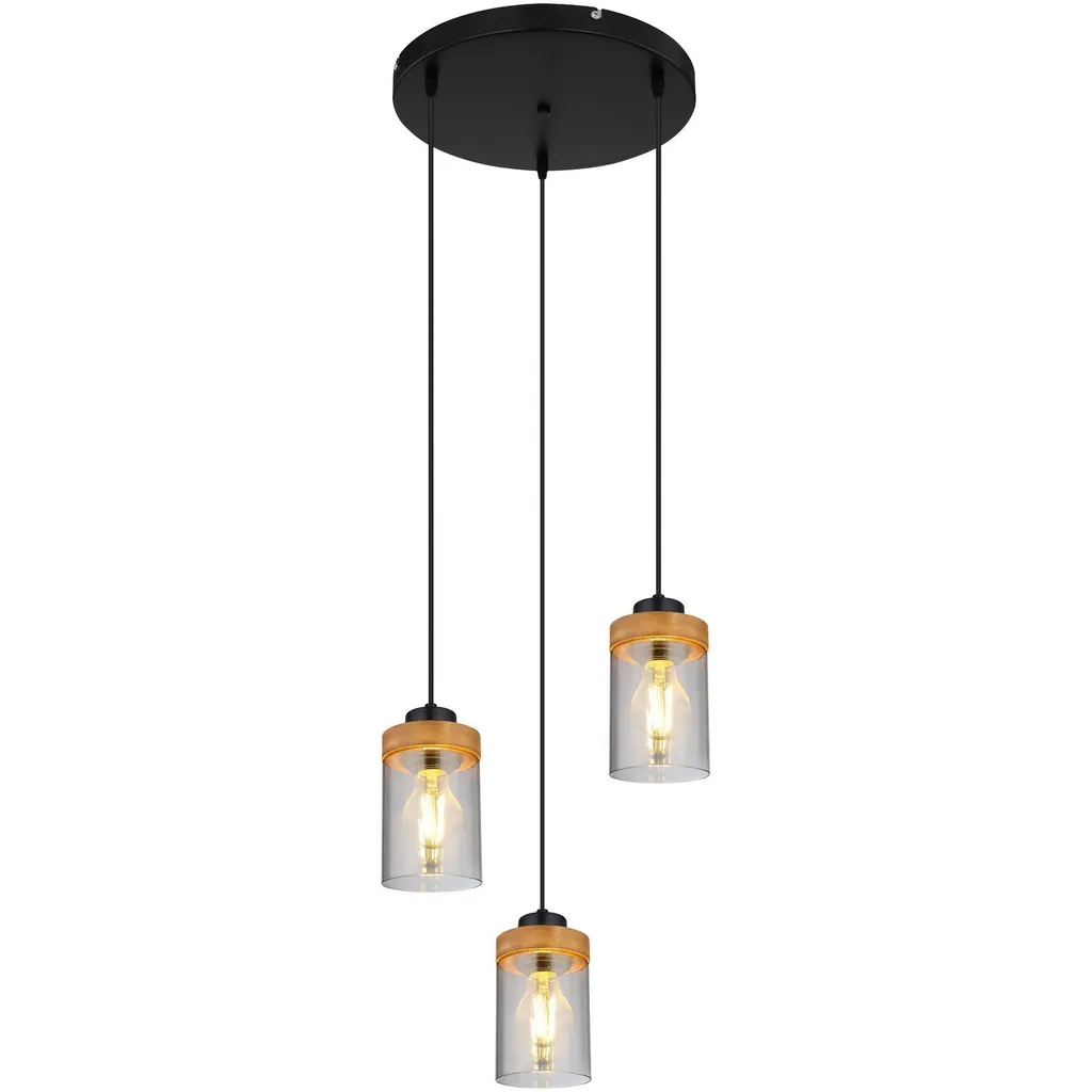 Lampadario Vintage Globo Lighting Vetro Fumé Legno 3 Luci E27