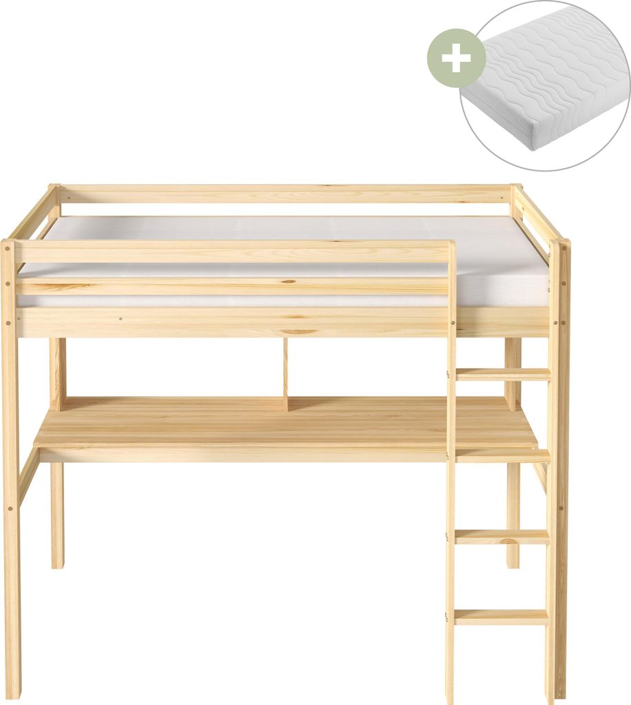 Sunny Sil Hochbett aus Holz mit Schreibtisch in Naturfarben | Kinderbett Mit Matratze | Einzelbett mit Treppe in 208 x 100,5 x 172 cm | Für