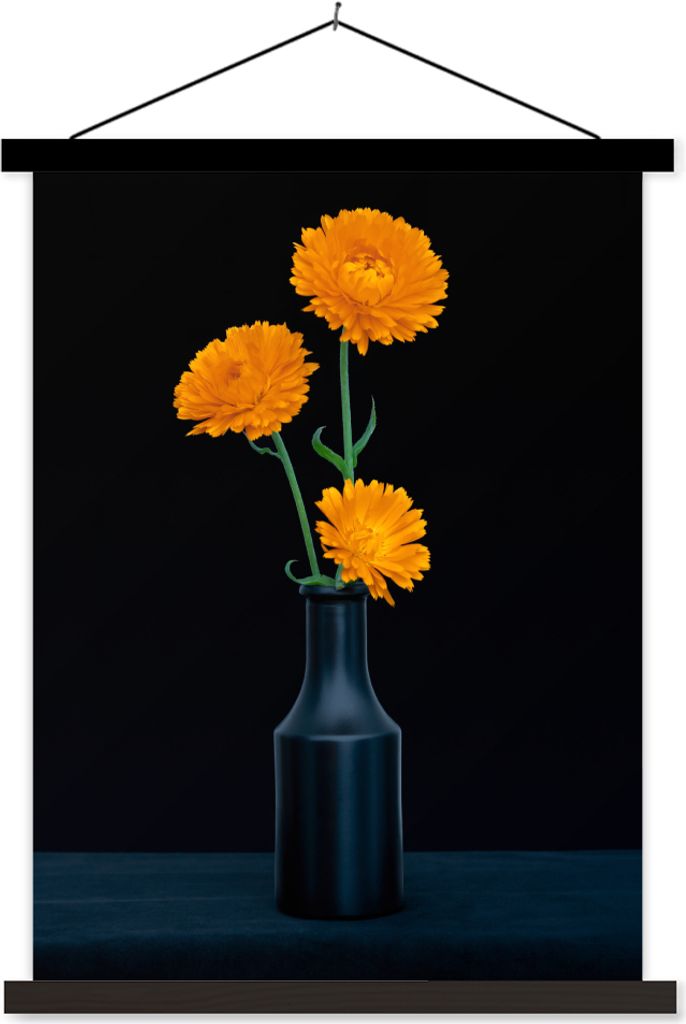 MuchoWow Textilposter Vase - Blumen - Orange 90x120 cm mit schwarzem Rahmen - Dekoration