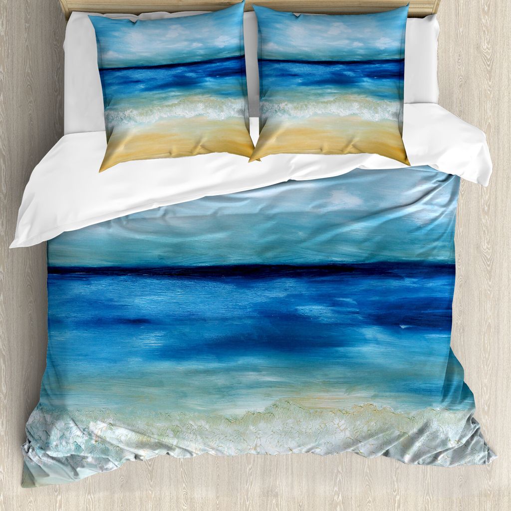 ABAKUHAUS Kunst Bettbezugs Set Für Doppelbetten, Tropischer Sandy-Strand, Milbensicher Allergiker geeignet mit Kissenbezügen, Hellbraun Marineblau