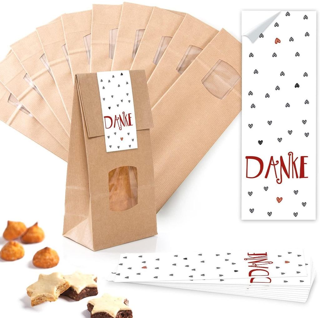 Verpackung 10 kleine braune Blockbodenbeutel Geschenk-Tüte MIT Fenster + Pergamineinlage 10,5 x 6,5 x 29 cm + 10 Aufkleber 5 x 15 cm Welt nur für...