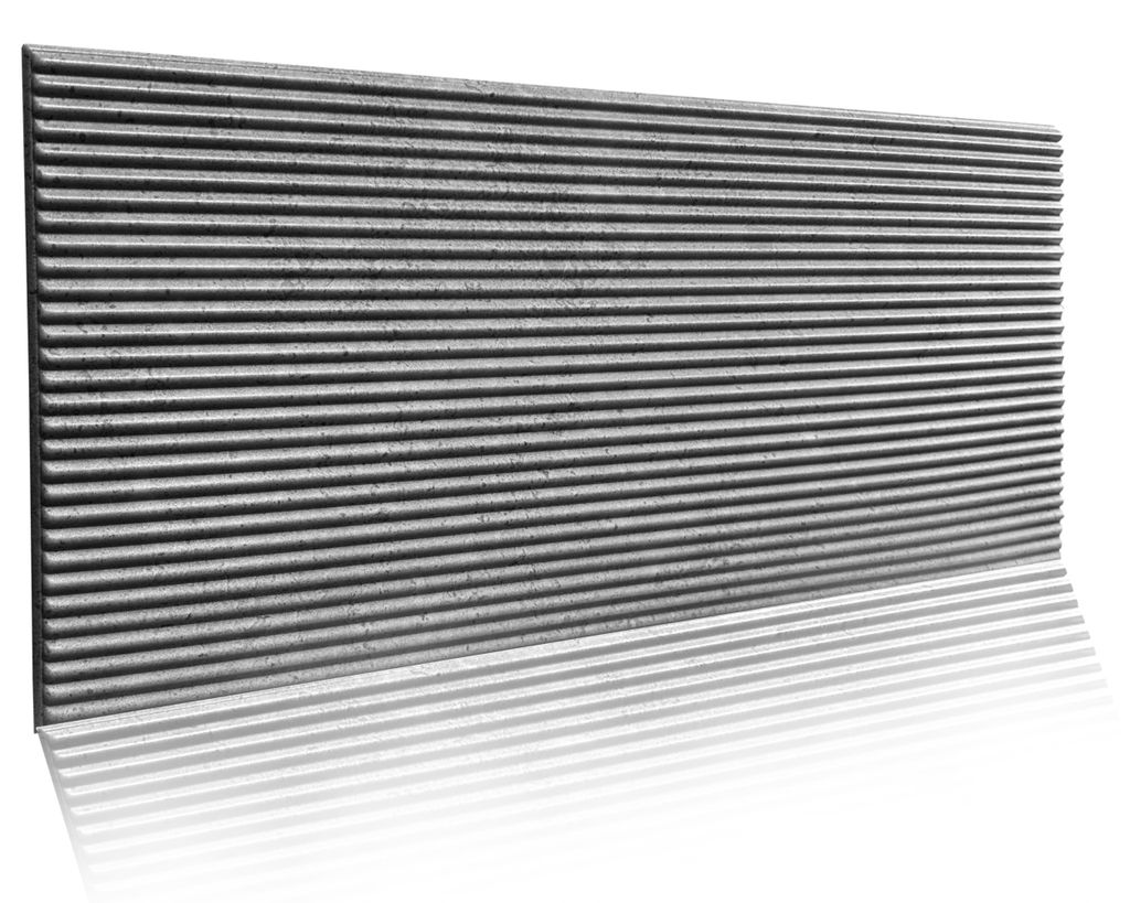 A close-up, studio shot of a gray, ribbed panel with a concrete or marble imitation texture, casting a reflection on a white surface.