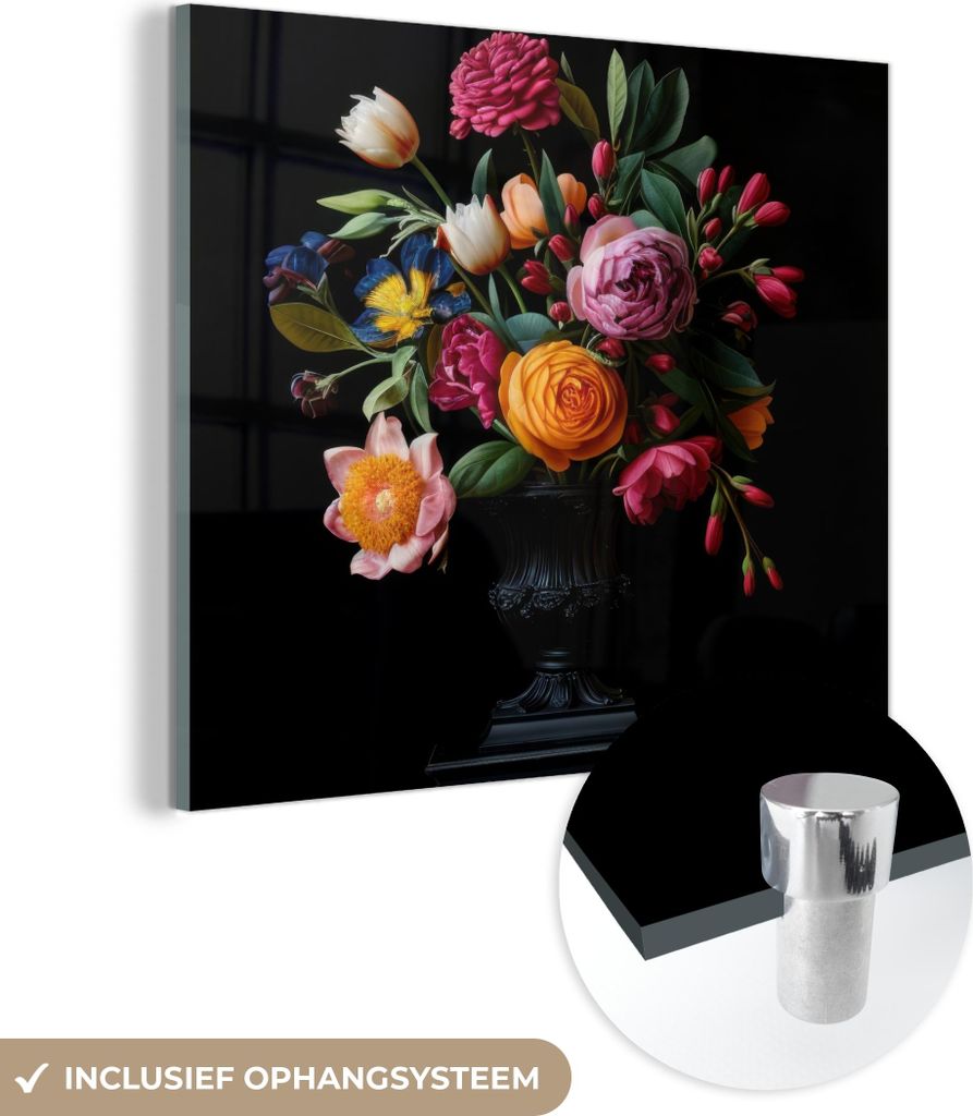 MuchoWow Glasbilder - Bilder auf Wandbild - Foto auf Glas Blumenstrauß - Romantisch - Farbenfroh 40x40 cm Wanddekoration aus Glas - Acrylglasbild ...