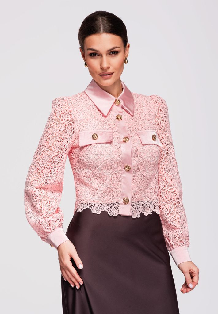 Ombre Damen Spitzenbluse Kurz Elegant Slim-Fit rose M