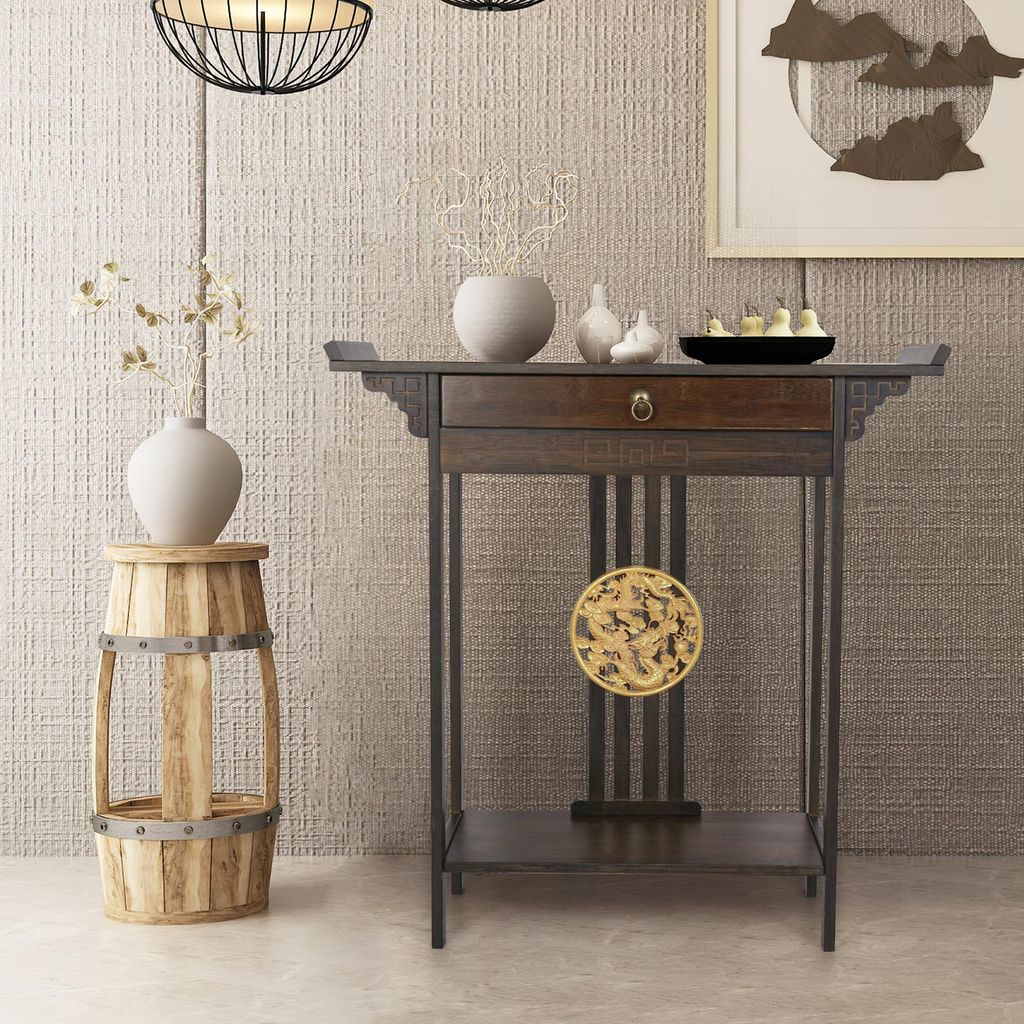 FATIVO Konsolentisch Holz Schmal mit Schublade, 82x32x82 cm Bestelltisch Bambus mit 2 Ablagen Klassischer Retro-Stil für Flur Wohnzimmer Eingang