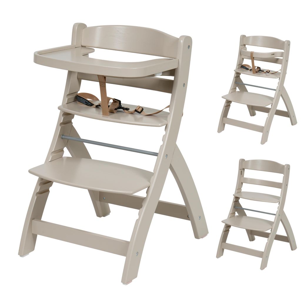 Born Lucky Hochstuhl Baby – Höhenverstellbarer Holz-Hochstuhl mit Ess-Tablett - Mitwachs-Kinderstuhl ab 6 Monaten bis max. 70 kg - Clay
