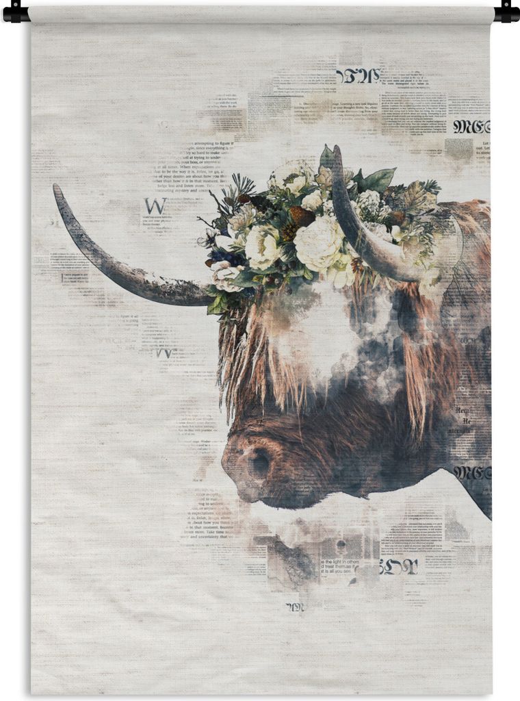 MuchoWow Wandteppich Wandbehang Scottish Highlander - Blumen - Zeitungspapier 120x180 cm Tapisserie Dekoration Wandtuch - Schlafzimmer - Dekorati...