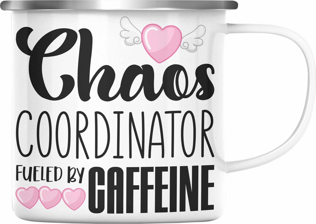 Trendation - Emaille Tasse für Chefin Geschenk Chaos Koordinatorin Chefin Geschenkidee Lustige Emaille Emaille Tasse Mama Mutter (Silber)