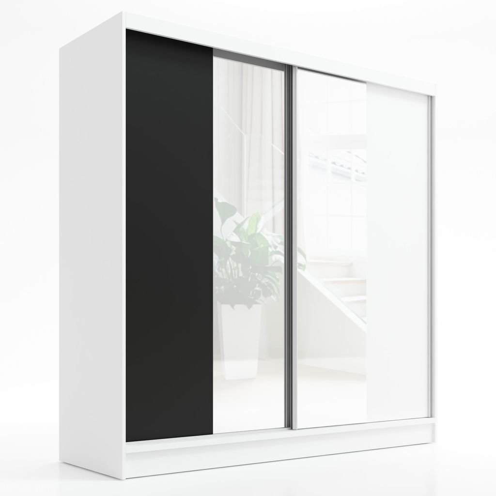 Schwebetürenschrank, 2-türig Schrank mit Spiegel SOLO 200 (Weiß , Weiß , Schwarz)