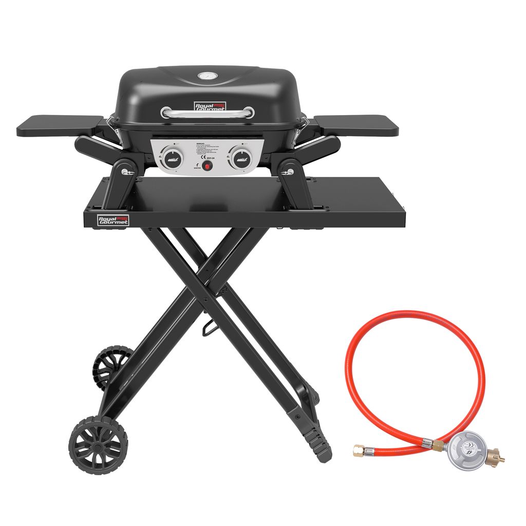 Royal Gourmet Tragbarer 2-Brenner Gasgrill inkl. Grilltisch, 5kW Tischgrill mit Rollwagen, Portabler Tischgasgrill mit Klapptisch für Camping