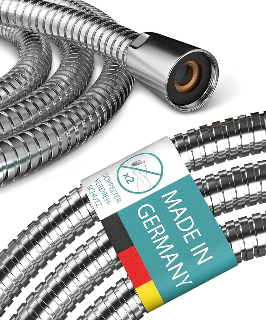 A close-up of a silver, flexible shower hose with a label indicating it is made in Germany and has double twist protection.