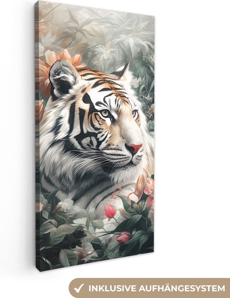 MuchoWow - Leinwandbilder - Tiger - Wildtiere - Blumen - Dschungel, Wandbild, Wanddeko Bilder Wohnzimmer, 20x40 cm