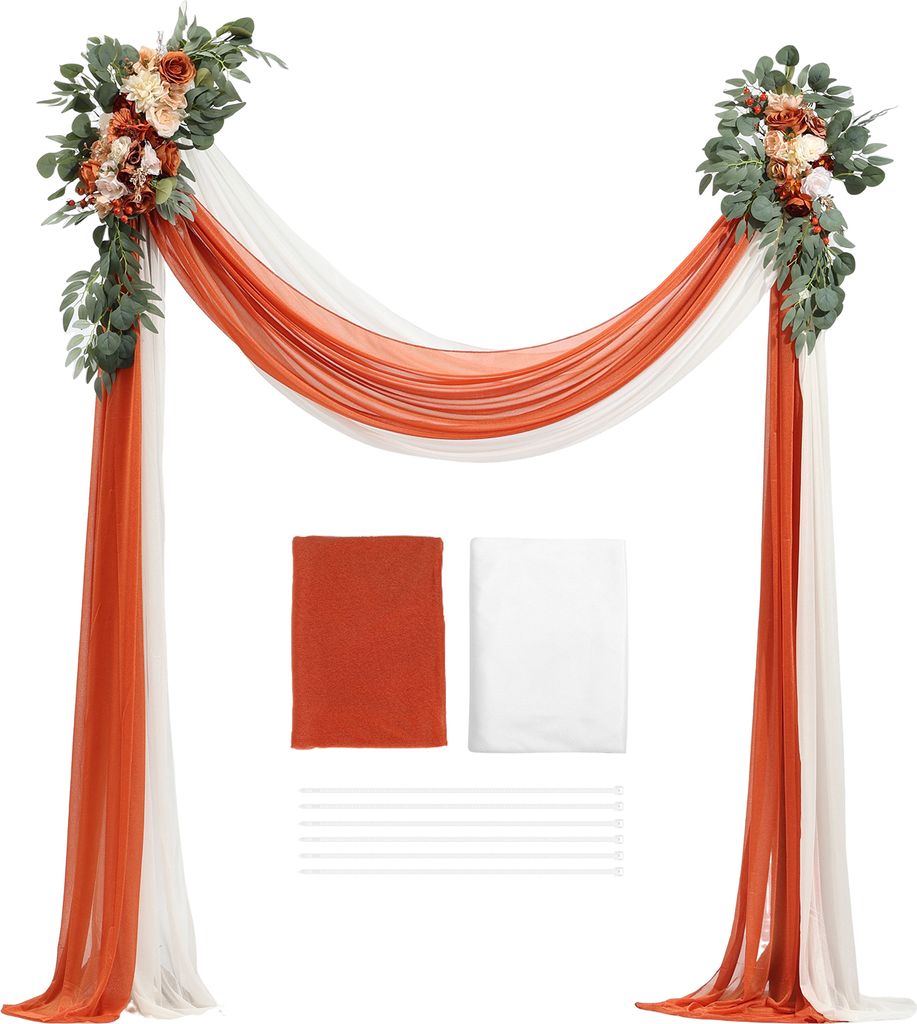 SucceBuy Orange Künstliches Hochzeitsbogen-Blumen-Set, 2 Blumen und 2 Vorhänge