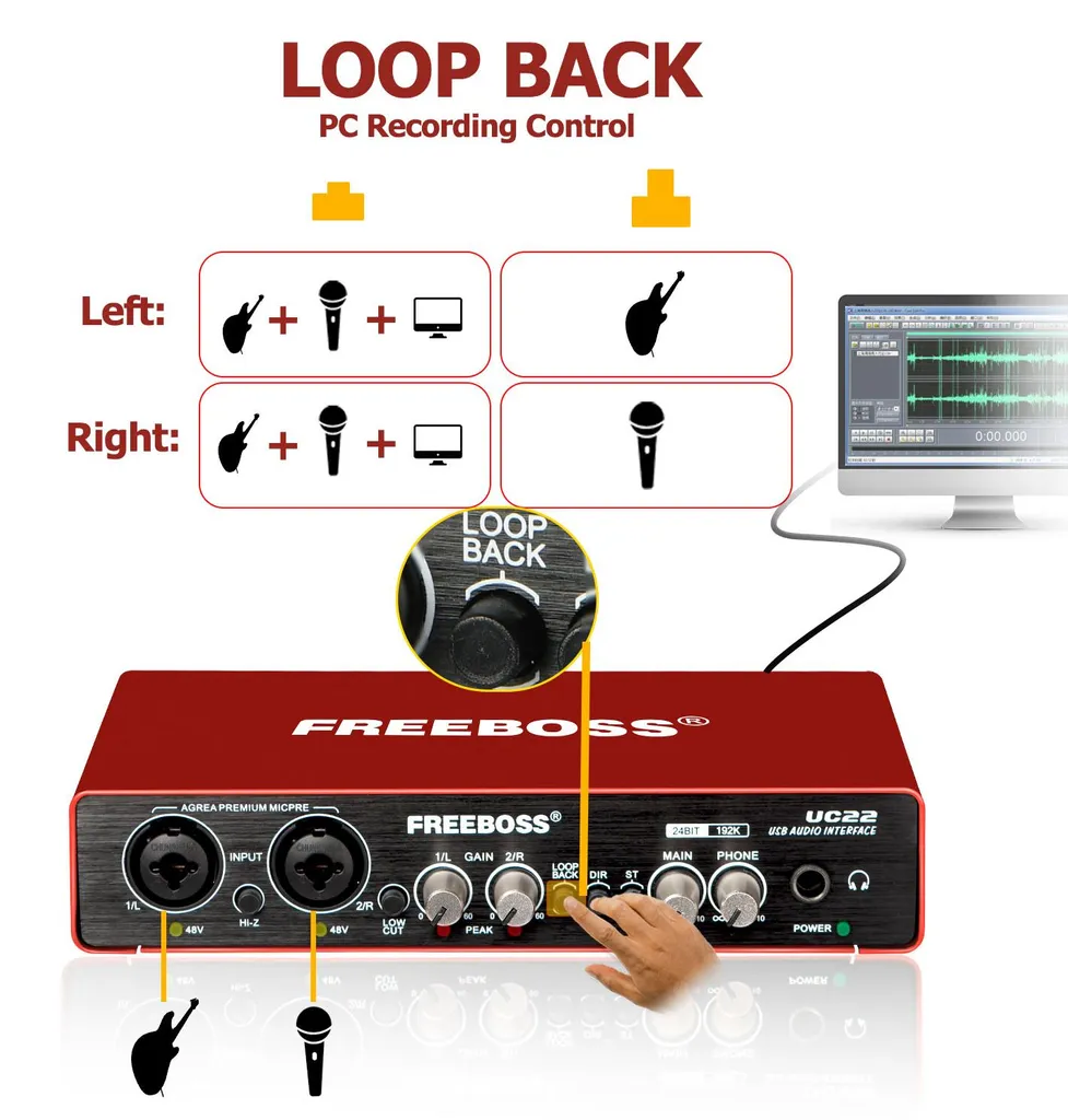 Interface audio UC22 192KHz avec +48V pour micro condensateur et PC - 4