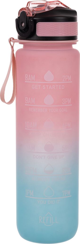 A gradient pink and blue water bottle with time markings and a black lid.