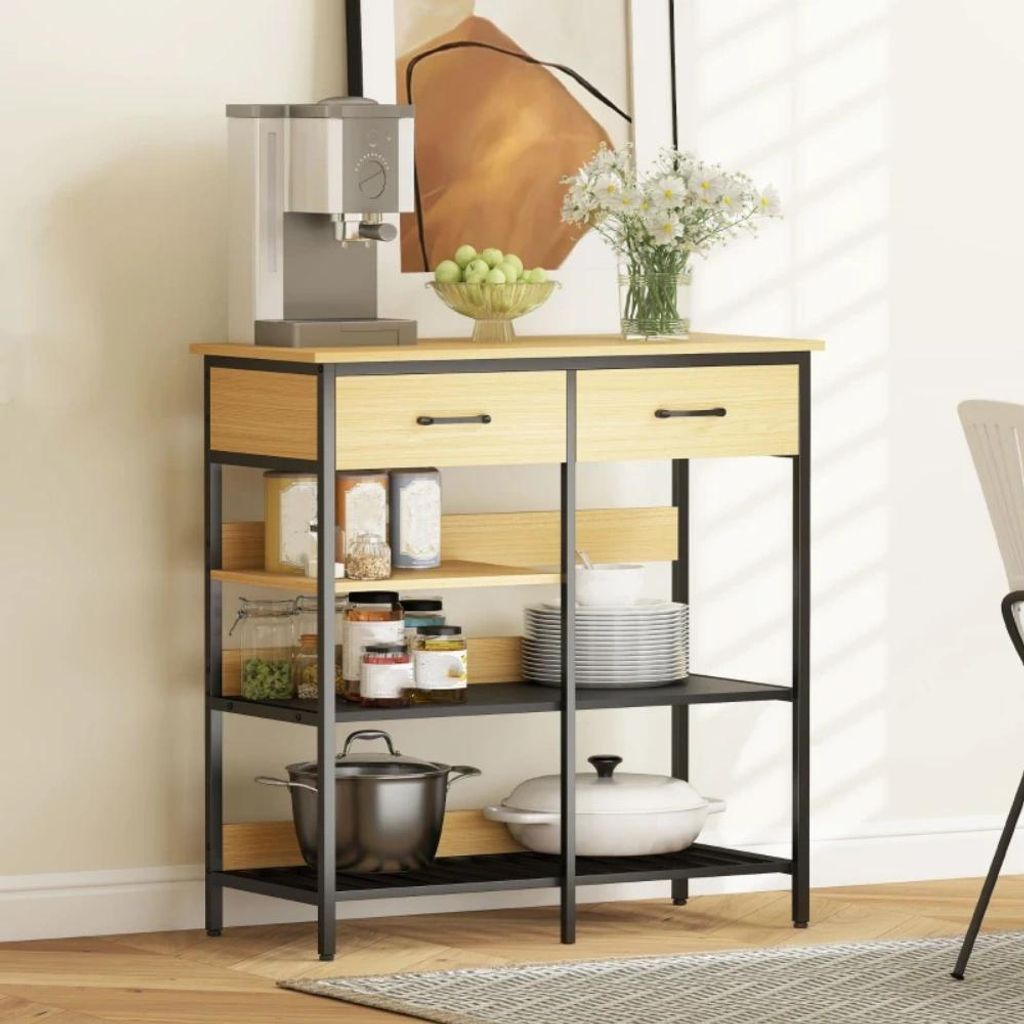 Sideboard, Kommode mit 2 Schubladen, 3 offenen Regalen Küchenschrankfür Küche, Wohnzimmer 90 x 40 x 91 cm
