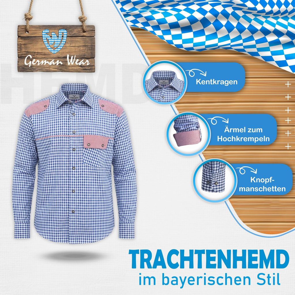 Trachtenhemd für trachten lederhosen freizeit Hemd blau-rot-kariert, Größe:L