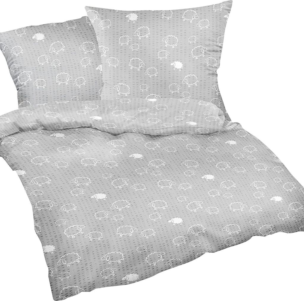 2 tlg 135x200cm Seersucker Bettwäsche (099/7-S) Schafe in Grau und Weiß - Bettgarnitur aus 100% Baumwolle, bügelfrei