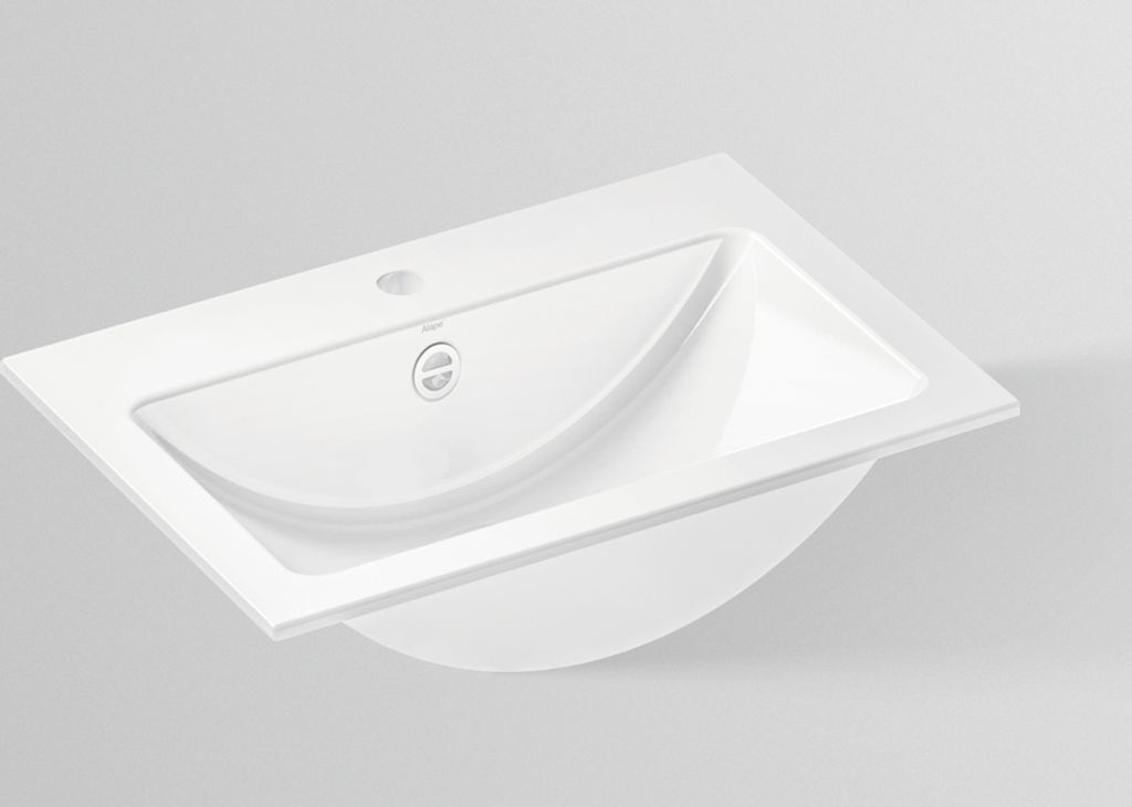Alape EB.R585H Einbaubecken, rechteckig, 585 x 405 mm, innen und außen glasiert, Weiß, mit Hahnloch und Überlauf / Waschtisch / Waschbecken