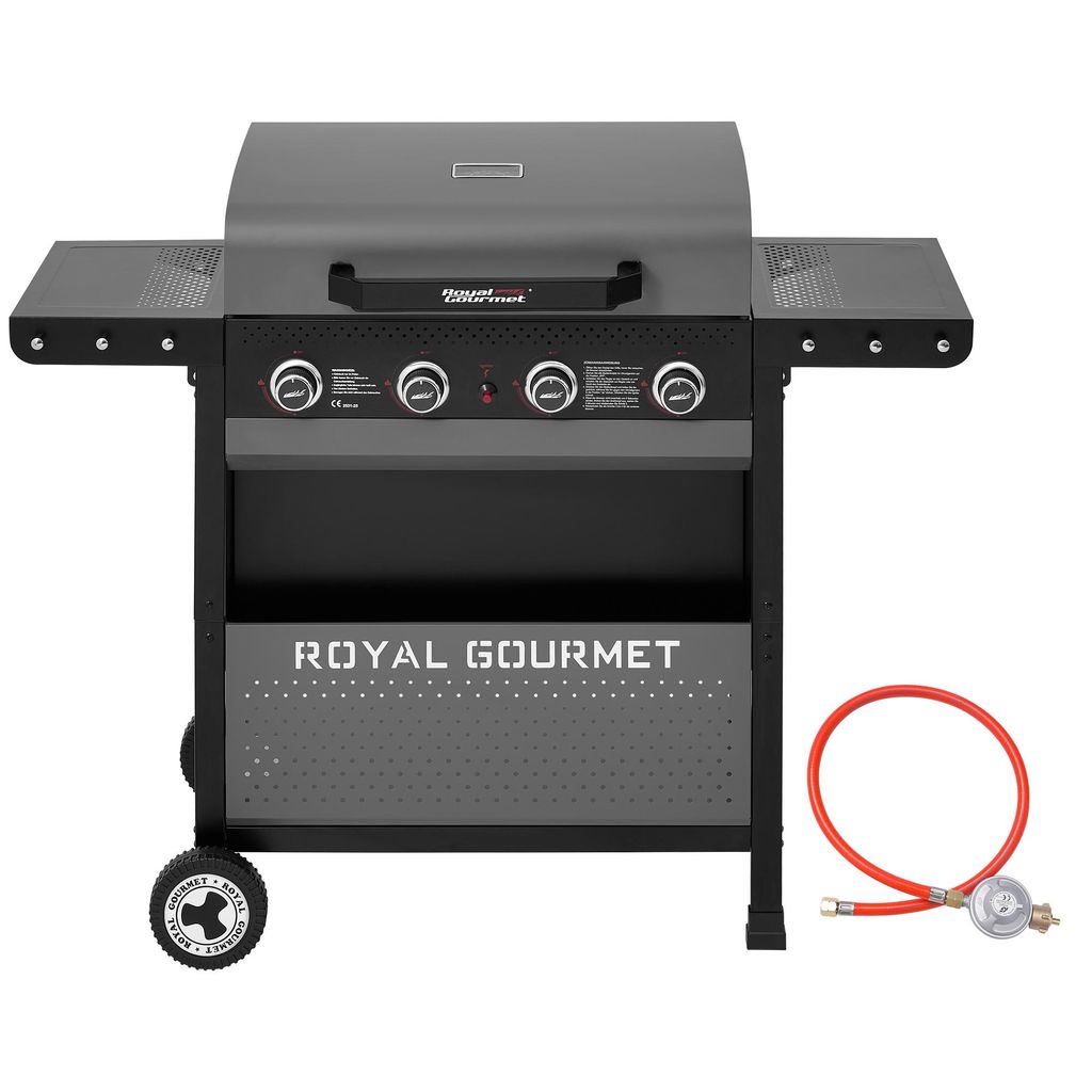 Royal Gourmet 4-Brenner Gasgrill, 10 kW Grillwagen mit klappbaren Seitenablagen, Ablagekorb, Outdoor Gasgrill für Balkon, Terrasse, Garten und Cam...