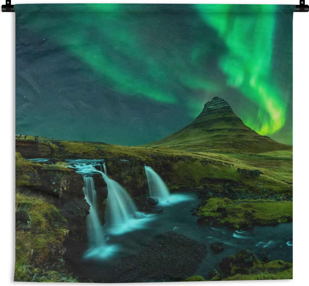 MuchoWow Wandteppich Wandbehang Nordlichter - Wasserfall - Berg - Island 150x150 cm Tapisserie Dekoration Wandtuch - Wohnaccessoires - Modernes
