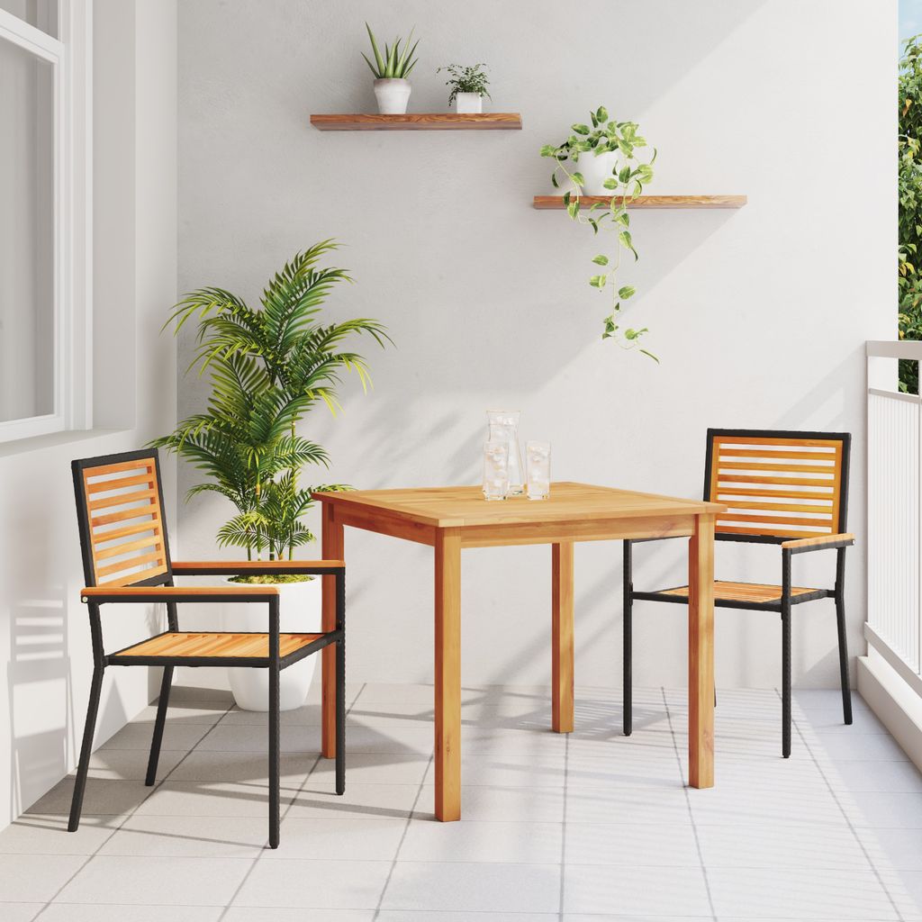 Desgin 3-teiliges Garten Esstisch Set schwarzes Poly Rattan Akazie - Gartenstühle 3365511