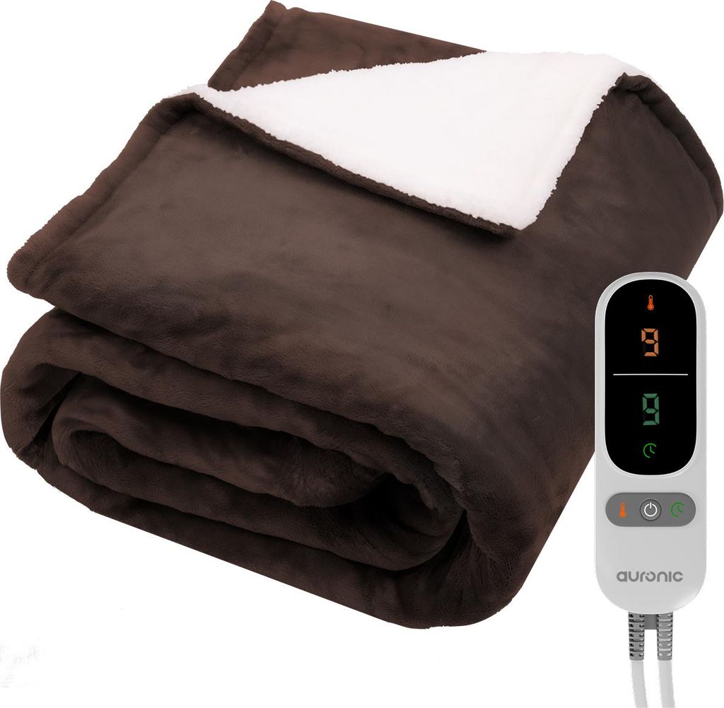 Auronic Elektrische Heizdecke - 200 x 180 cm - 2 Personen Wärmedecke - 9 Wärmestufen und Timer - Kuscheldecke - Sherpa Fleece - Braun