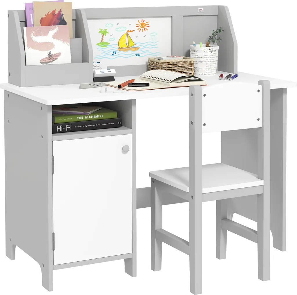 Ensemble Bureau Enfant 90cm avec Chaise et Tableau Blanc Éducatif Gris