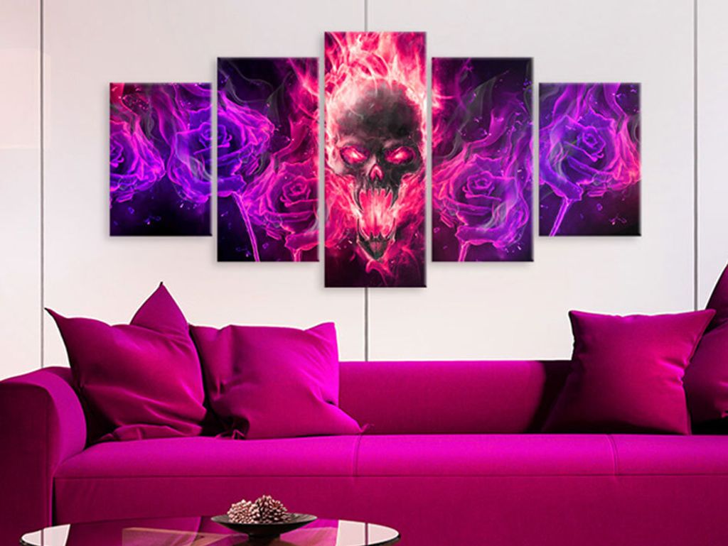 Akustikbild Totenkopf Blumen 200x100 cm 5-teilige Bilder Akustikschaum Hochleistungsschallabsorber Schallschutz Leinwand 5 tlg Wandbild Raumakustik...