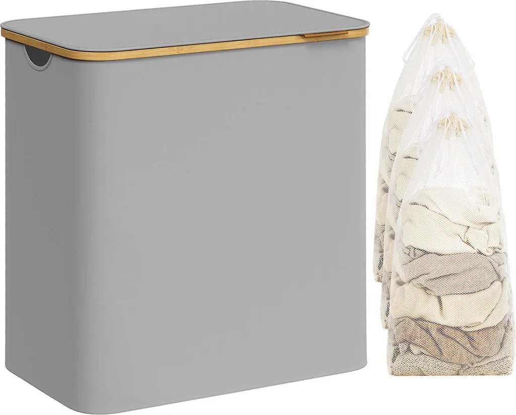 Corbeille à linge triple avec tri sélectif et finitions bambou naturel