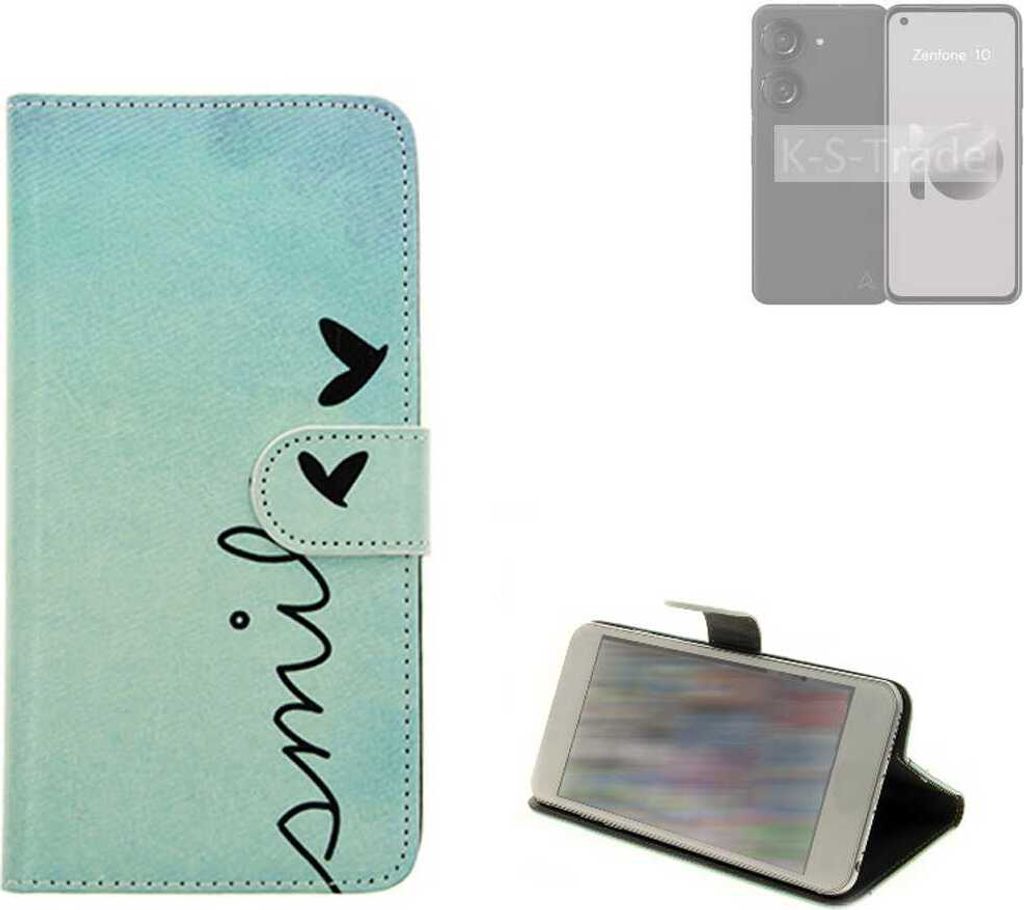 K-S-Trade Schutz Hülle Handy Hülle kompatibel mit Asus Zenfone 10 Hülle Handyhülle cover bookstyle Etui Handyhülle “smile“ türkis