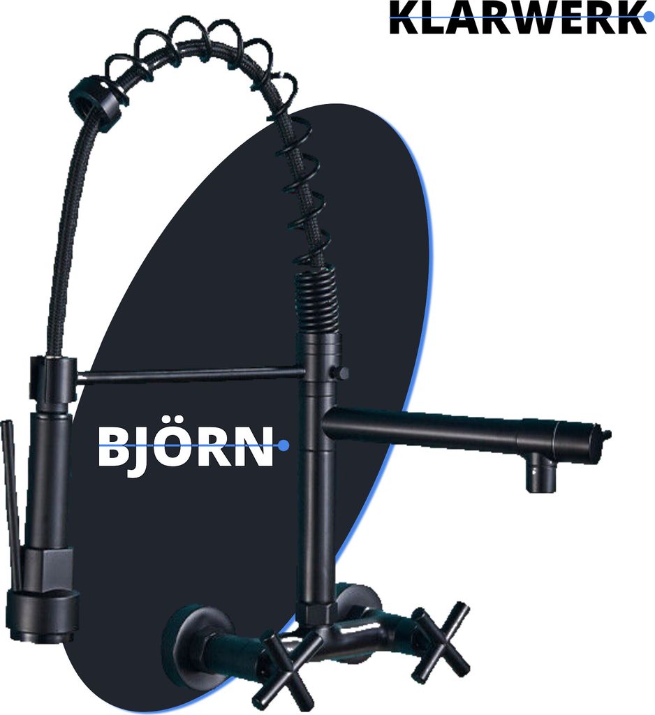 Björn | Gastronomie Wandmontage Armatur Schwarz matt | Profi Küchenarmatur Edelstahl Zwei Brausen | Doppelspülbecken Wasserhahn Restaurant Wand