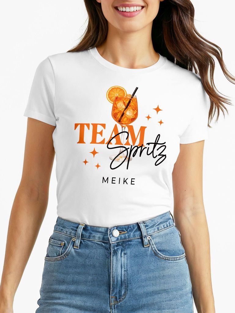 Damen T-Shirt Spruch - Team Spritz personalisiert - Kostümidee Mädelsabend JGA Mottoparty Fasching Karneval After Work Party Moonworks