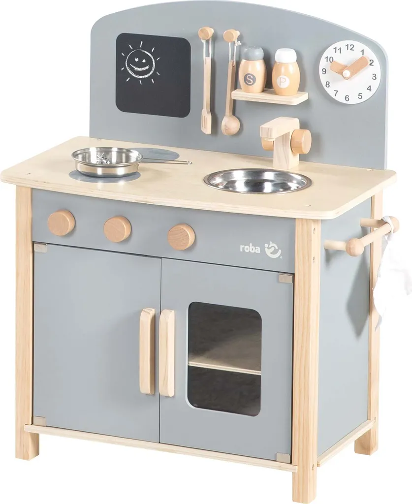 Cuisine de jeu roba grise et bois avec évier et accessoires pour enfant