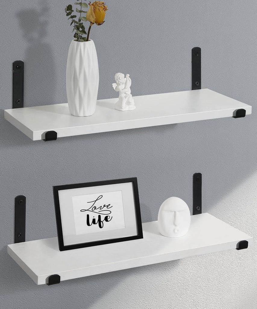 Schwebende Regale weiße schwarze Wandregale aus massivem Holz mit Metallhalterung Aufbewahrung Displayregale - Set von 2 - für Schlafzimmer Wohnz...