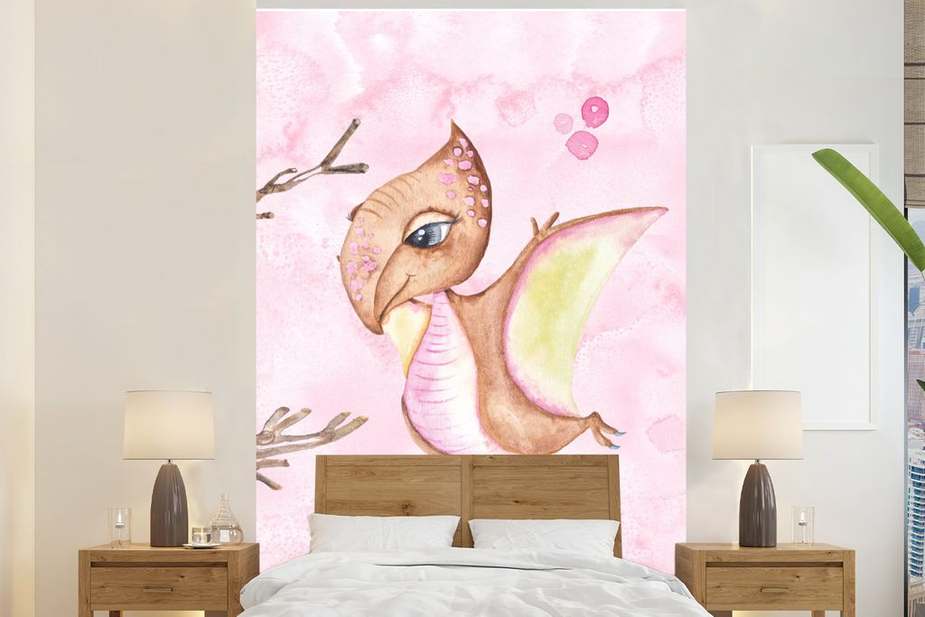 MuchoWow Fototapete für Wohnzimmer oder Schlafzimmer Wandtapete Vinyl Motivtapete Dino - Tapete Kinderzimmer - Aquarell - Mädchen - Kind - Ros...