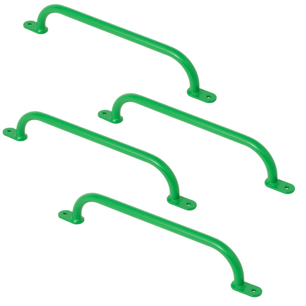 Four green climbing grips are arranged in a staggered, diagonal pattern against a white background.
