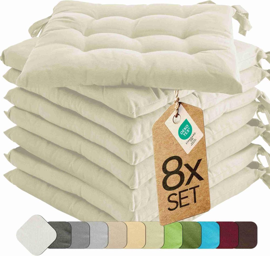Sitzkissen Stuhlkissen Indoor & Outdoor 8er Set 40x40 cm - Creme - etérea Stuhl Kissen Auflage mit Bändern