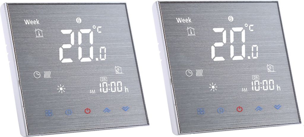 Two digital thermostats are shown side-by-side against a white background.